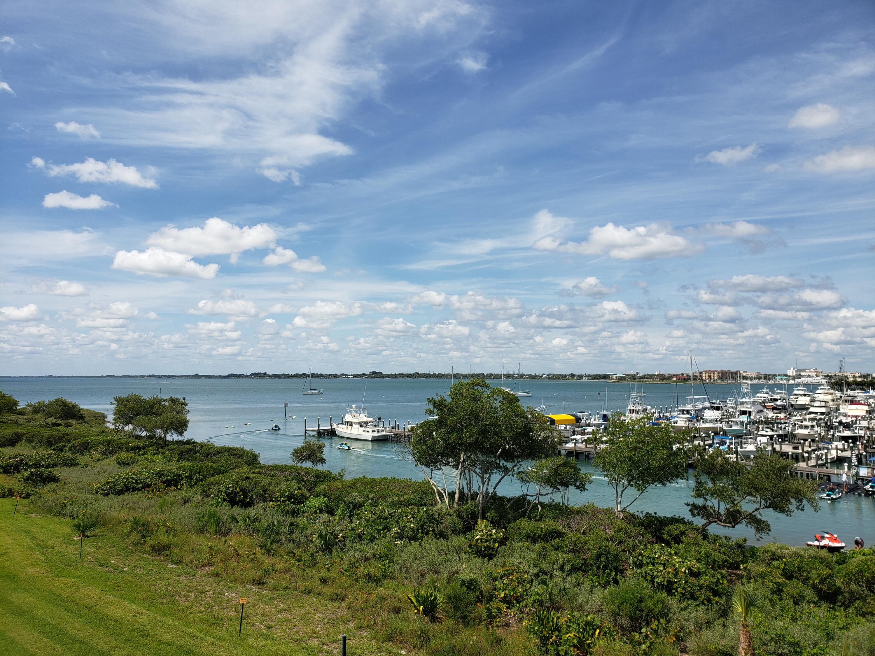 a view of a lake with houses in back