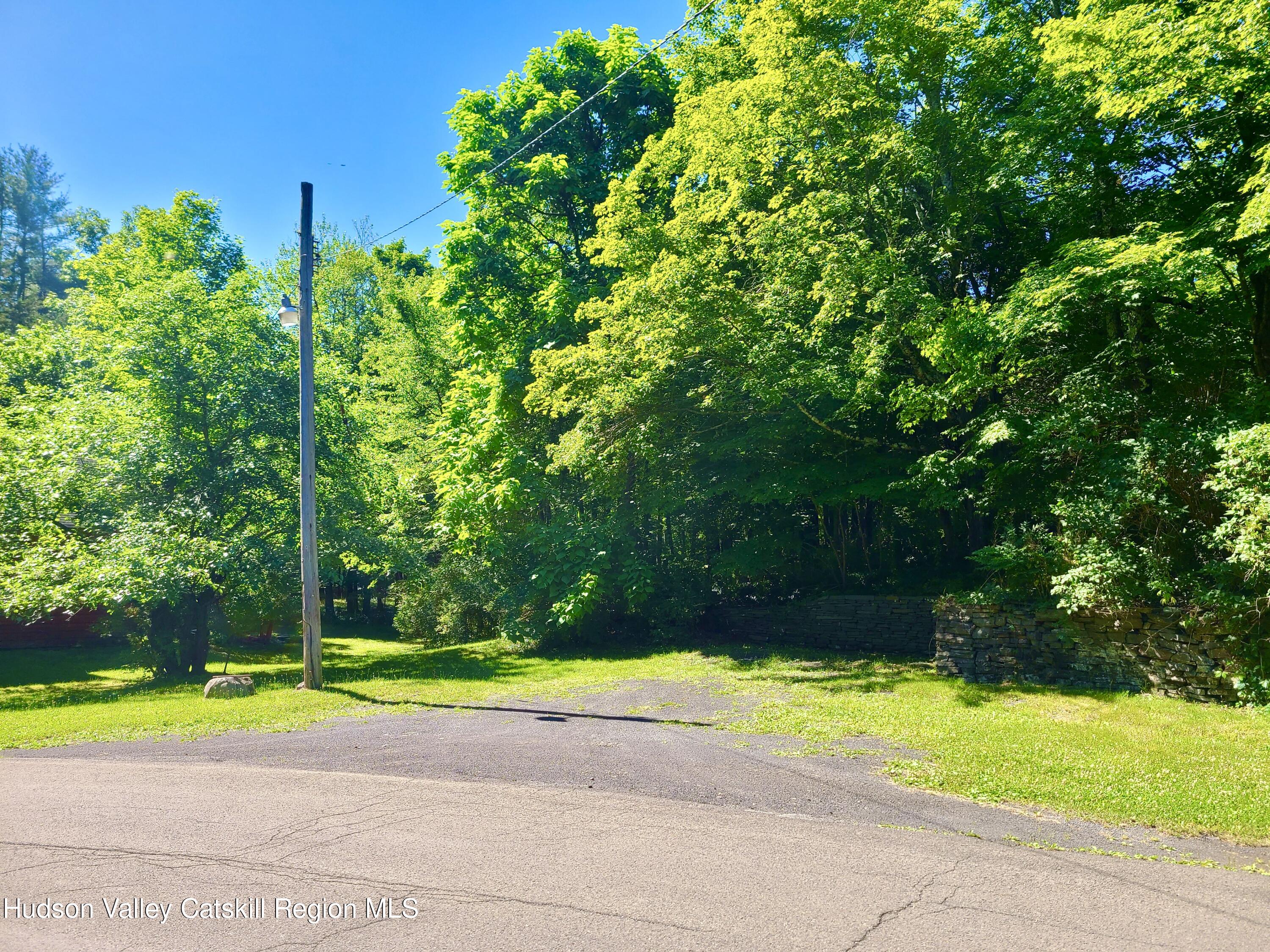 a view of yard with swimming pool and large trees