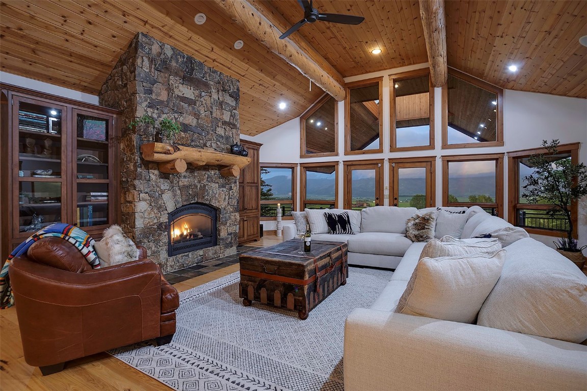 a living room with furniture potted plant and a fireplace