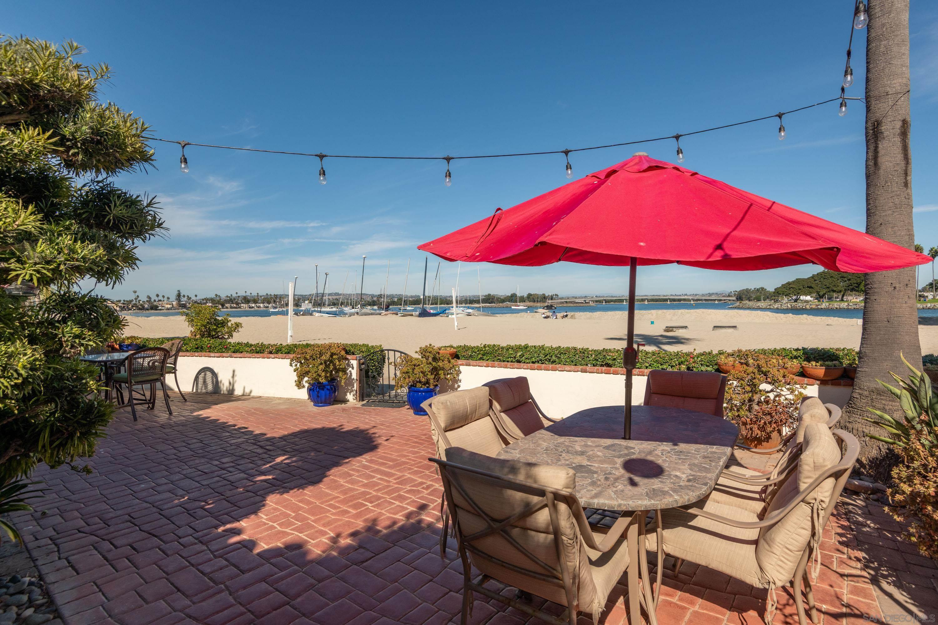 a view of patio with a table and chairs under an umbrella