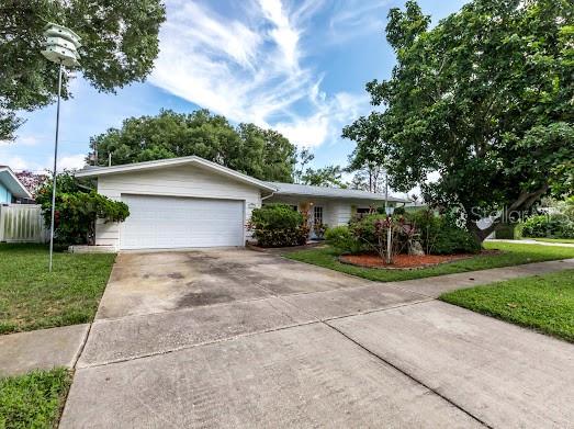 a view of a house with a yard and large tree