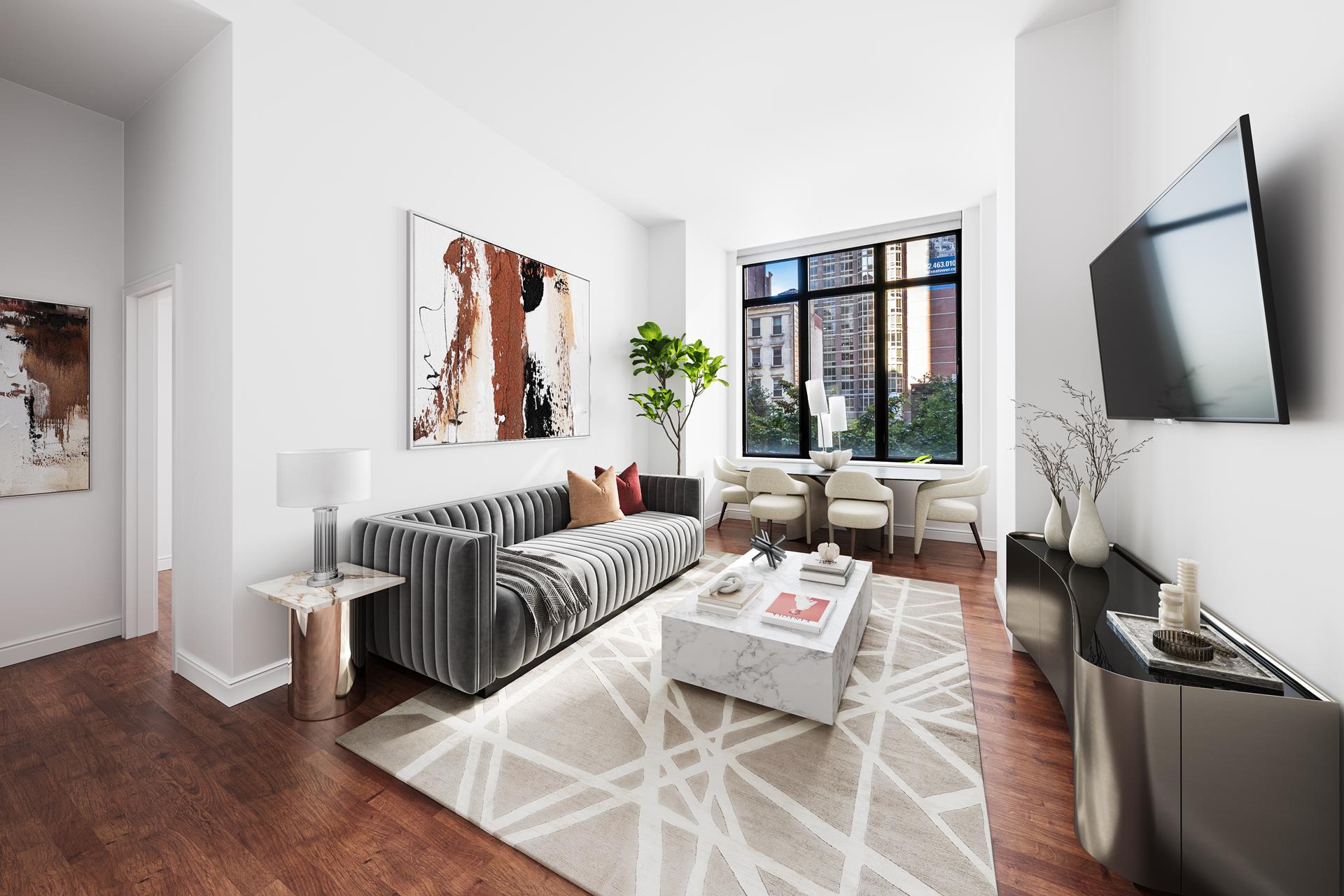 a living room with furniture fireplace and flat screen tv