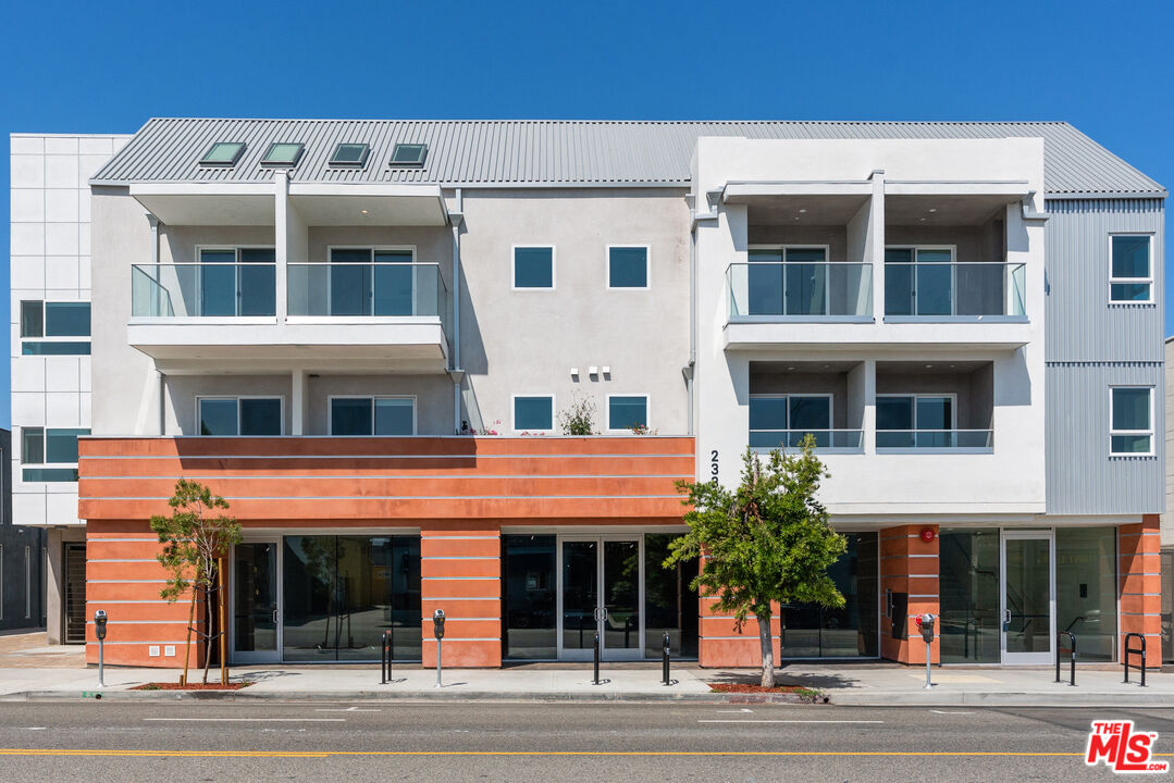 a front view of a multi story building