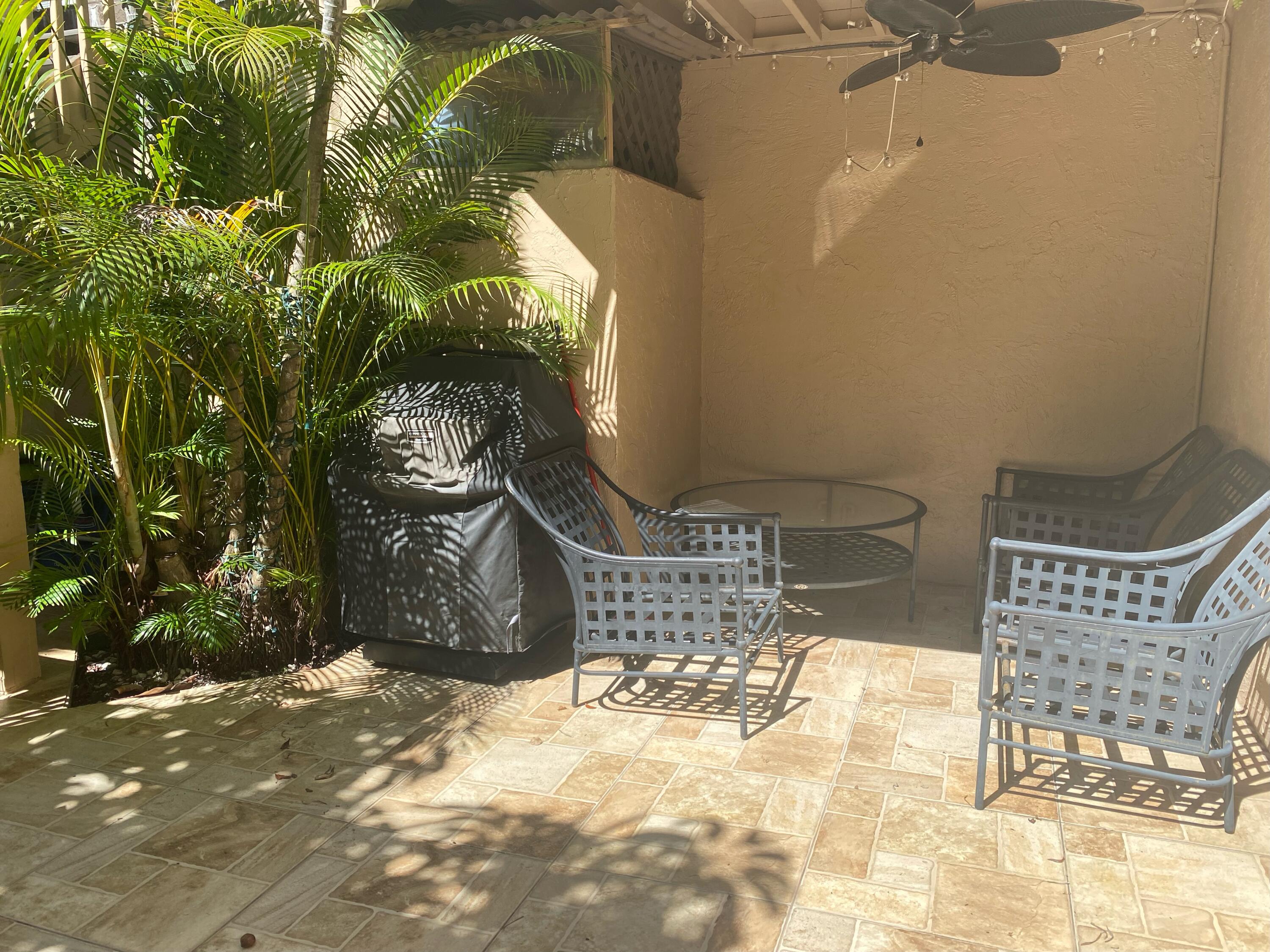 a view of a bench in the porch