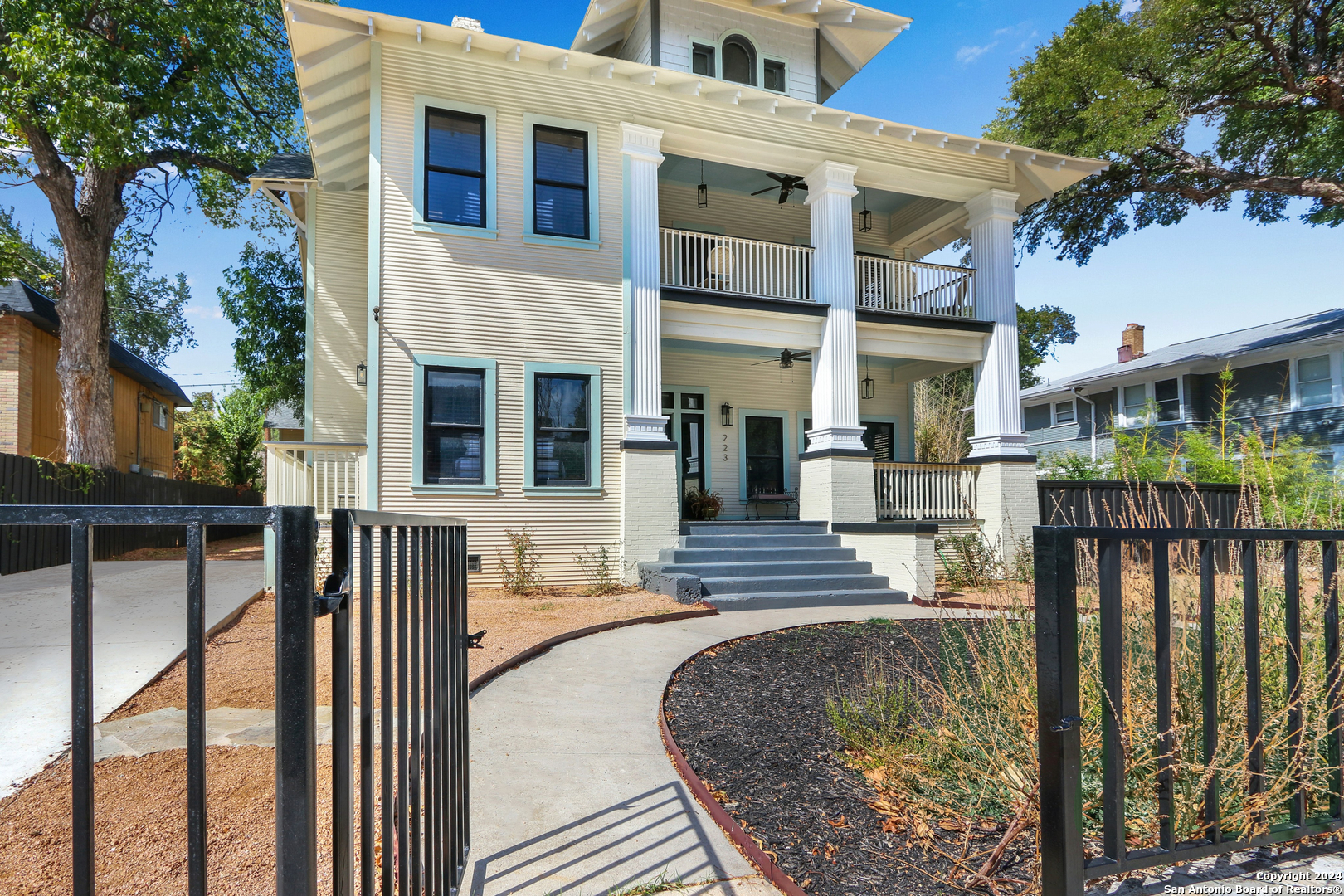 a view of a building with a porch