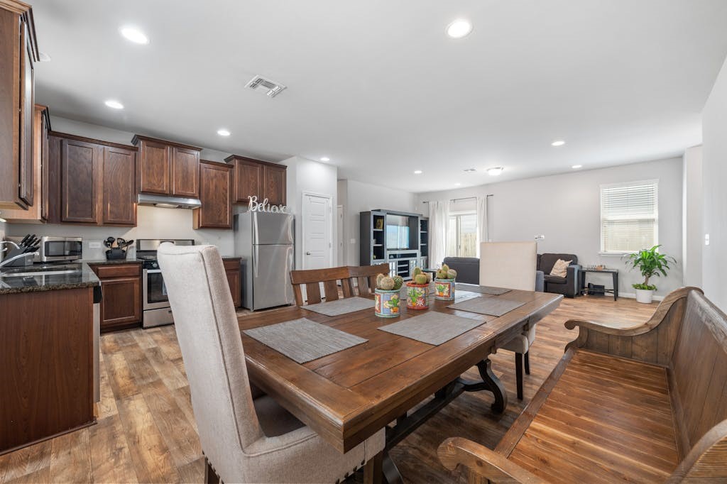 a view of a dining room with furniture