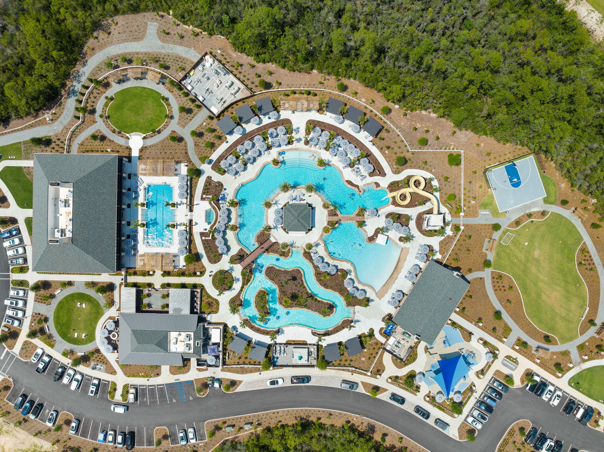 an aerial view of a swimming pool