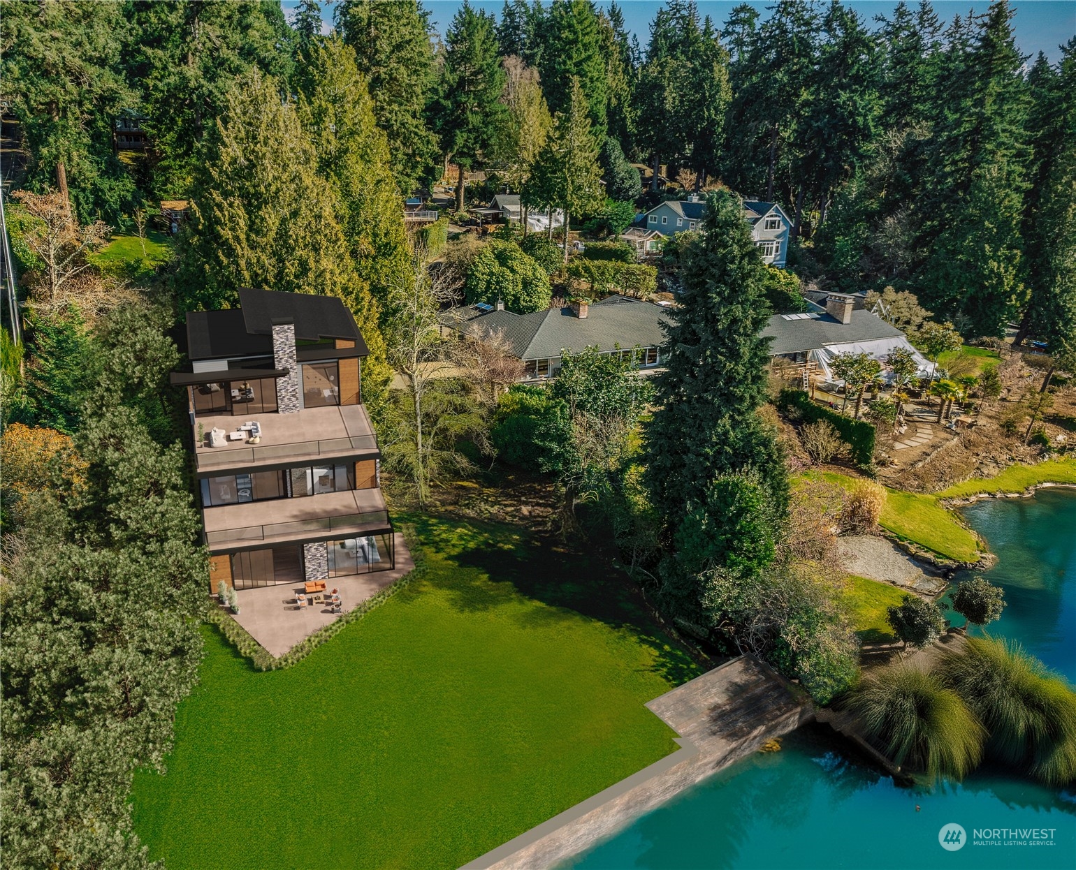 an aerial view of a house with a garden