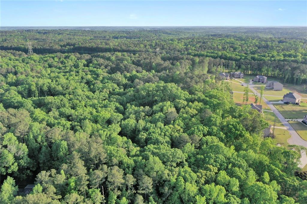 an aerial view of residential houses with outdoor space and trees