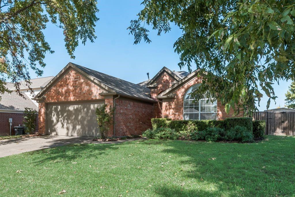 a backyard of a house with plants and large tree