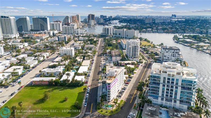 a city view with tall buildings