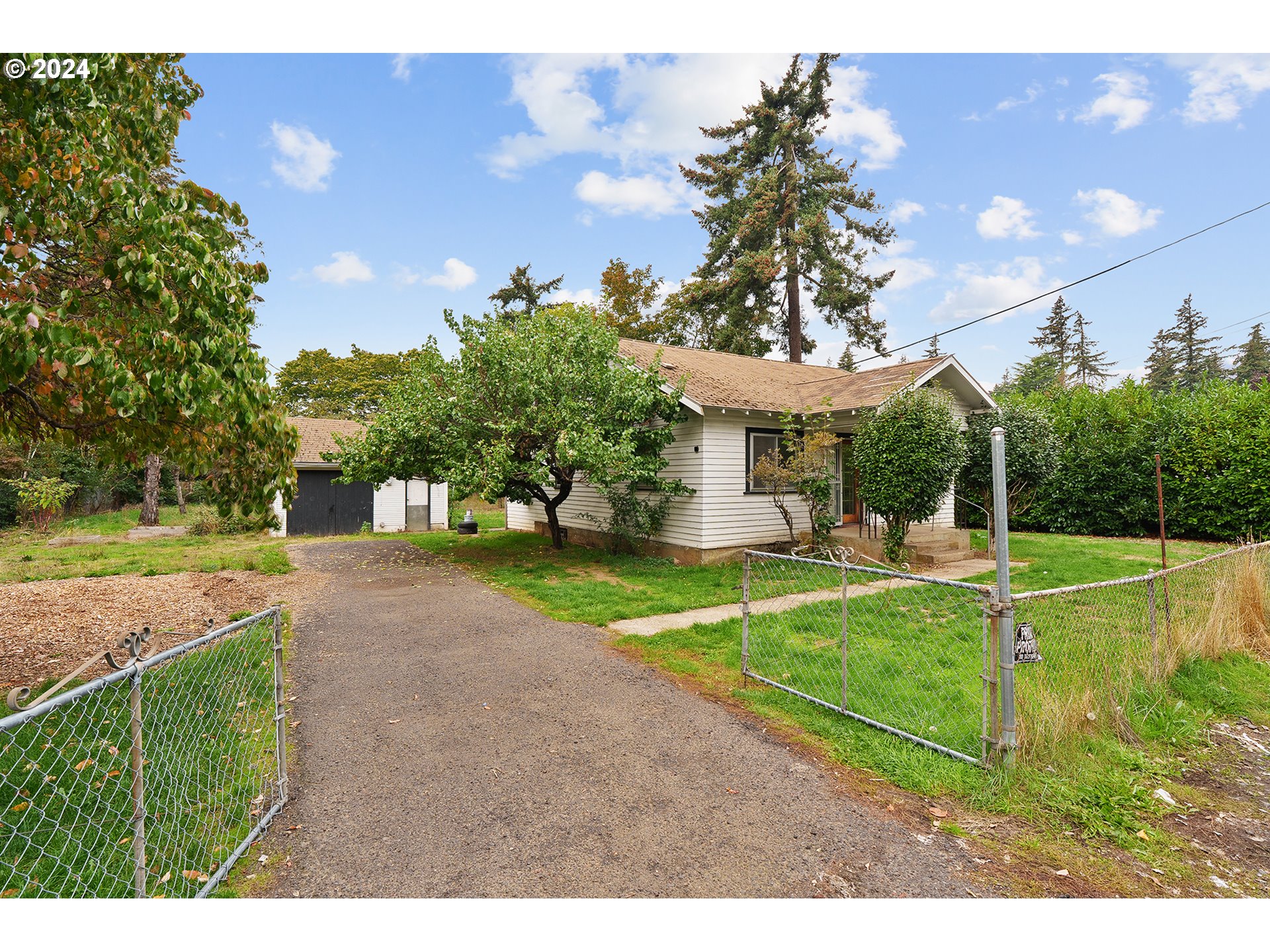 a view of a house with backyard and a tree