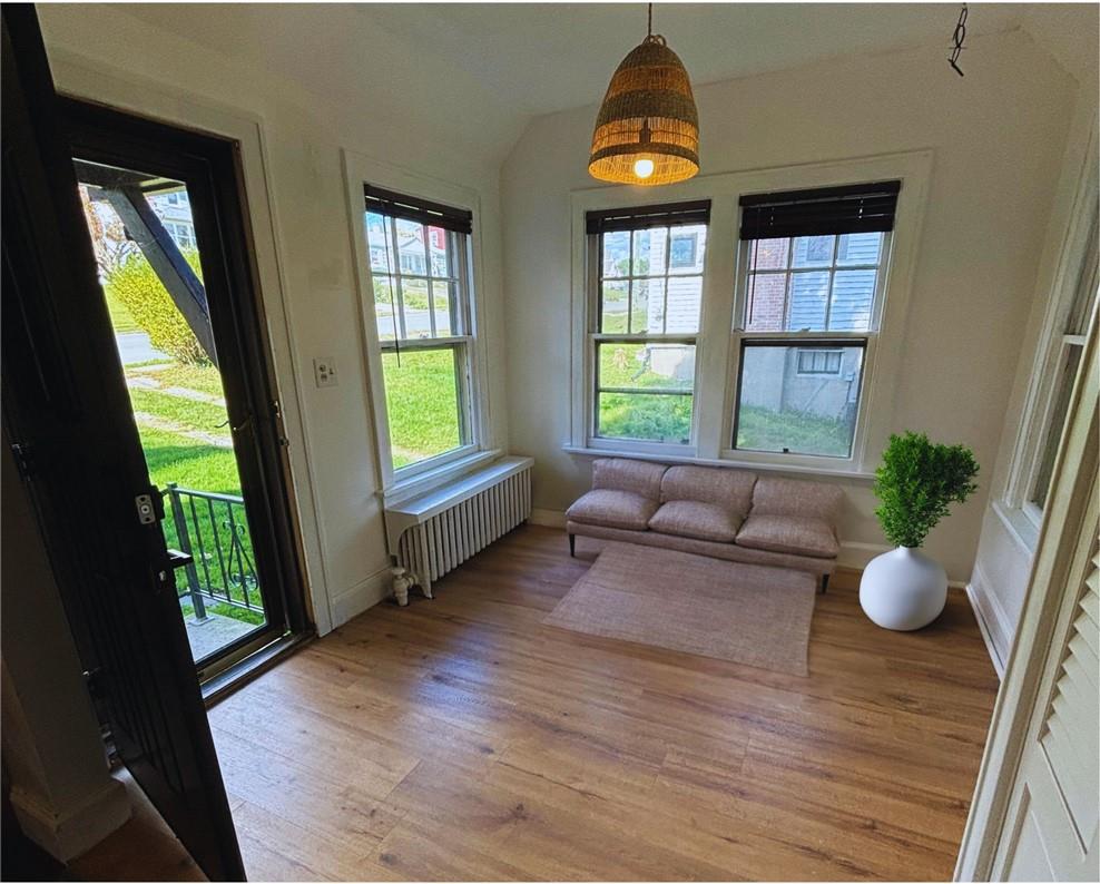 Doorway featuring radiator, light hardwood / wood-style floors, and plenty of natural light