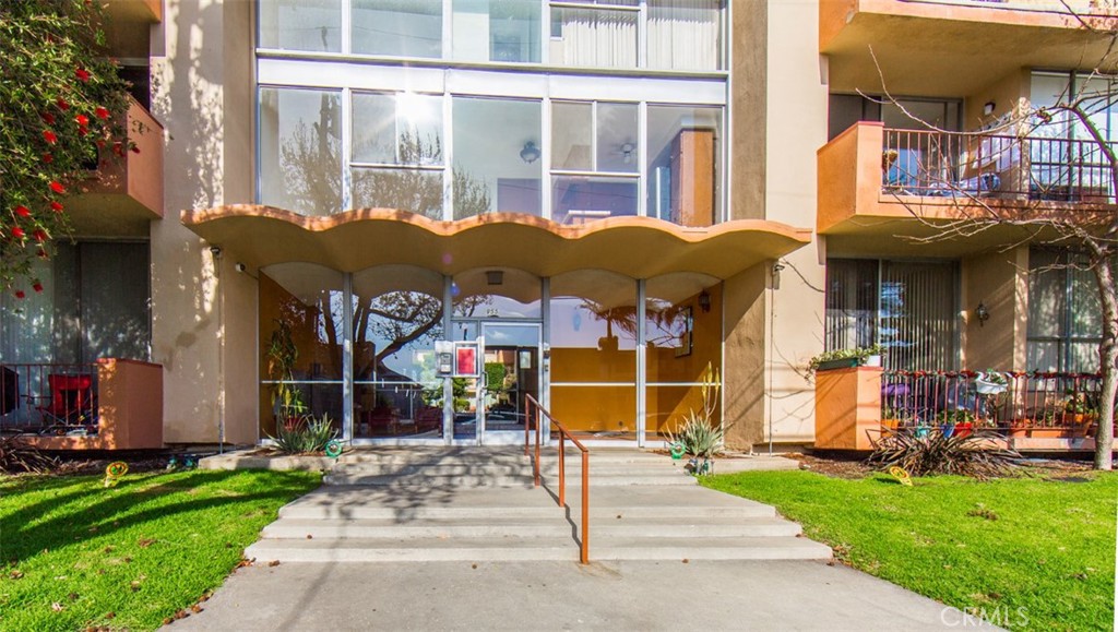 a view of a building with a patio