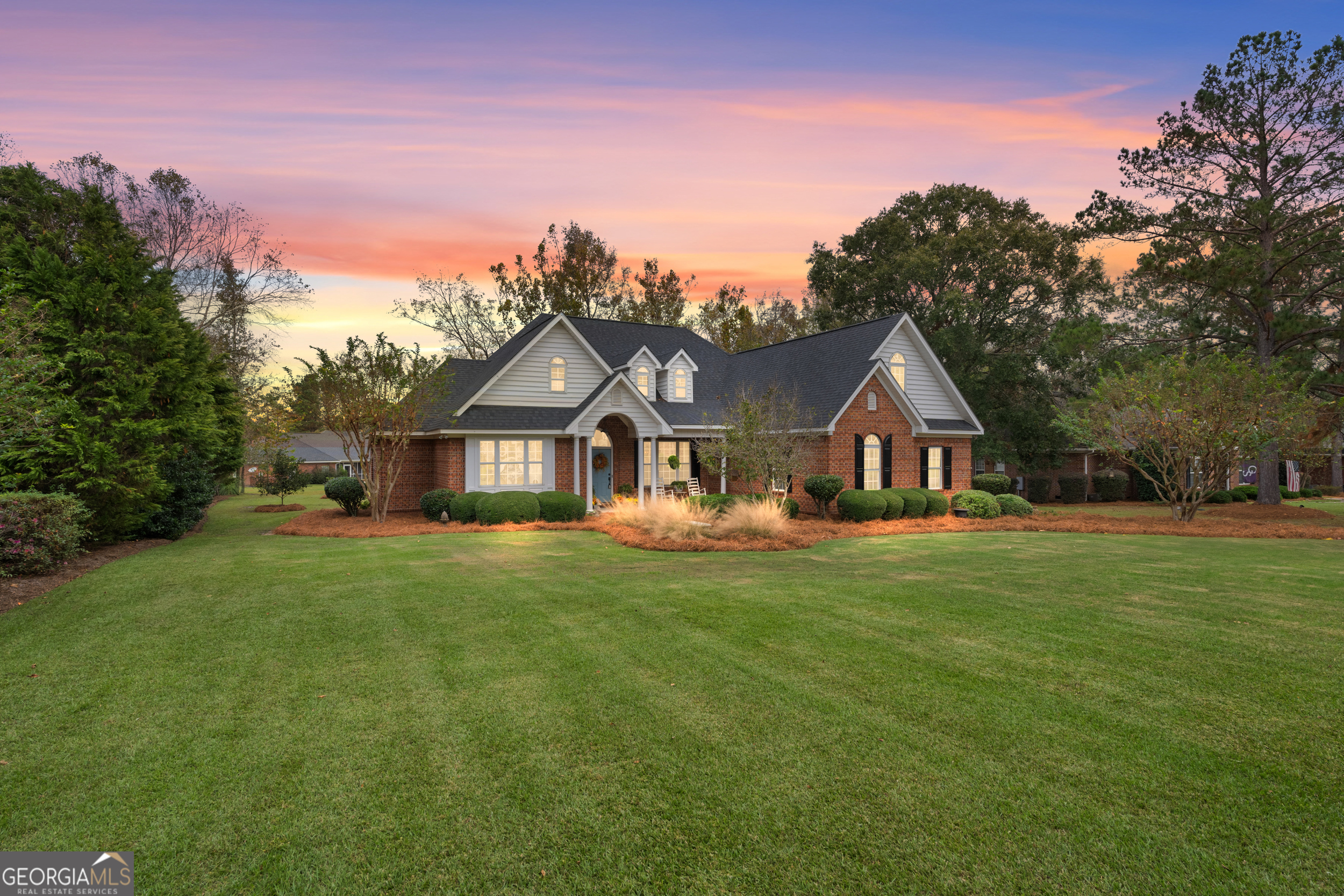 a front view of a house with yard and green space