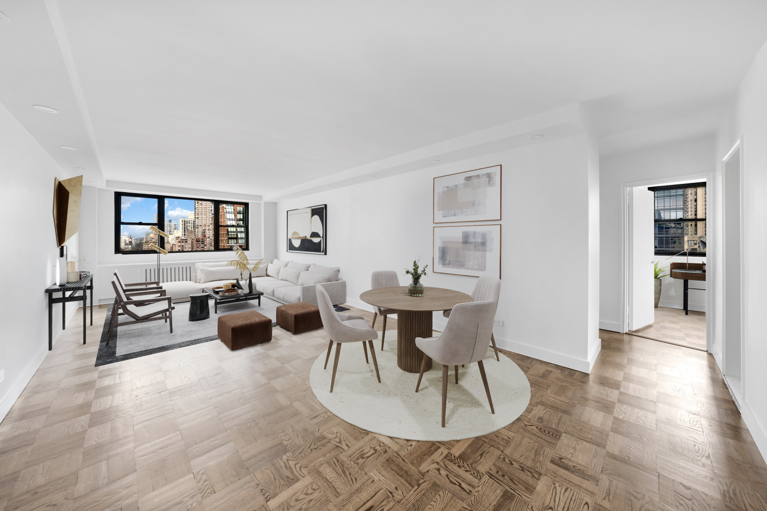 a living room with furniture and a table