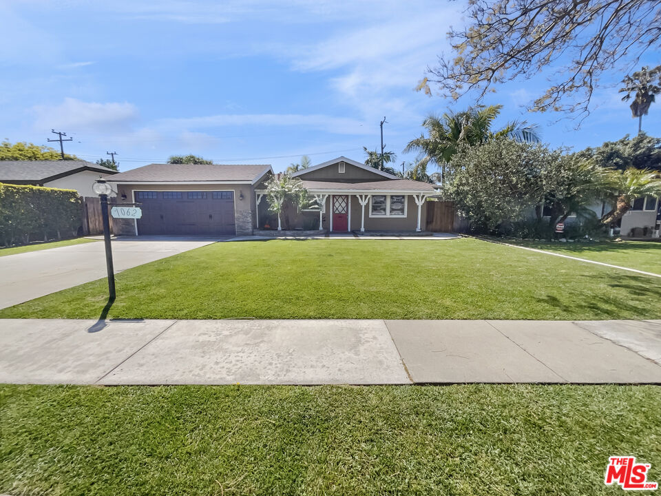 a view of a house with a yard and a large tree