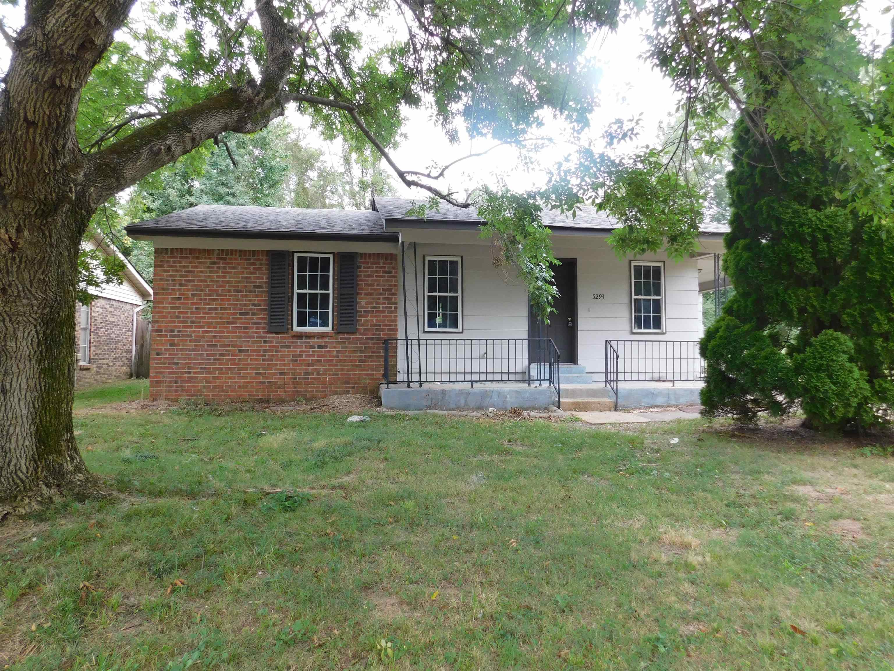 a view of a house with a yard and a large tree