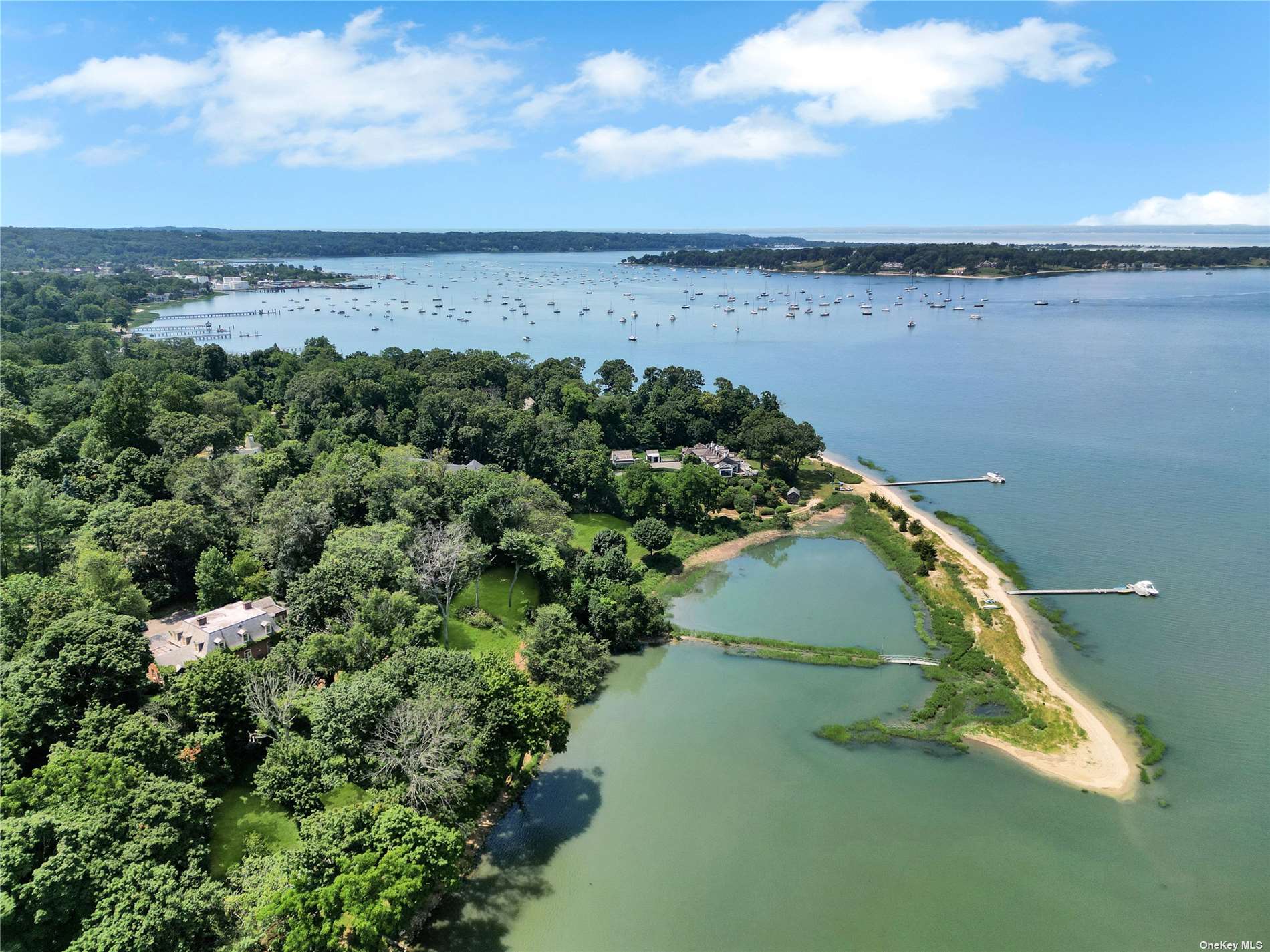 an aerial view of a house with a yard and lake view