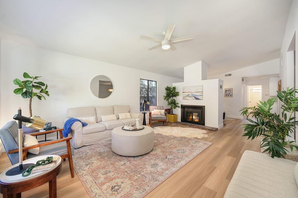 a living room with furniture a fireplace and a potted plant