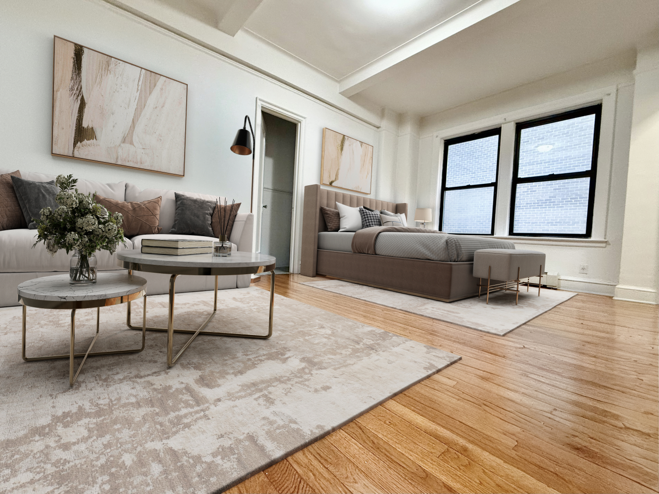 a living room with furniture and a large window