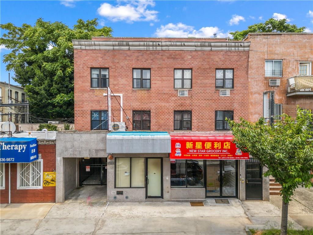 a view of a building with brick walls