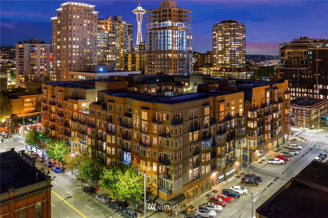 a city view with tall buildings