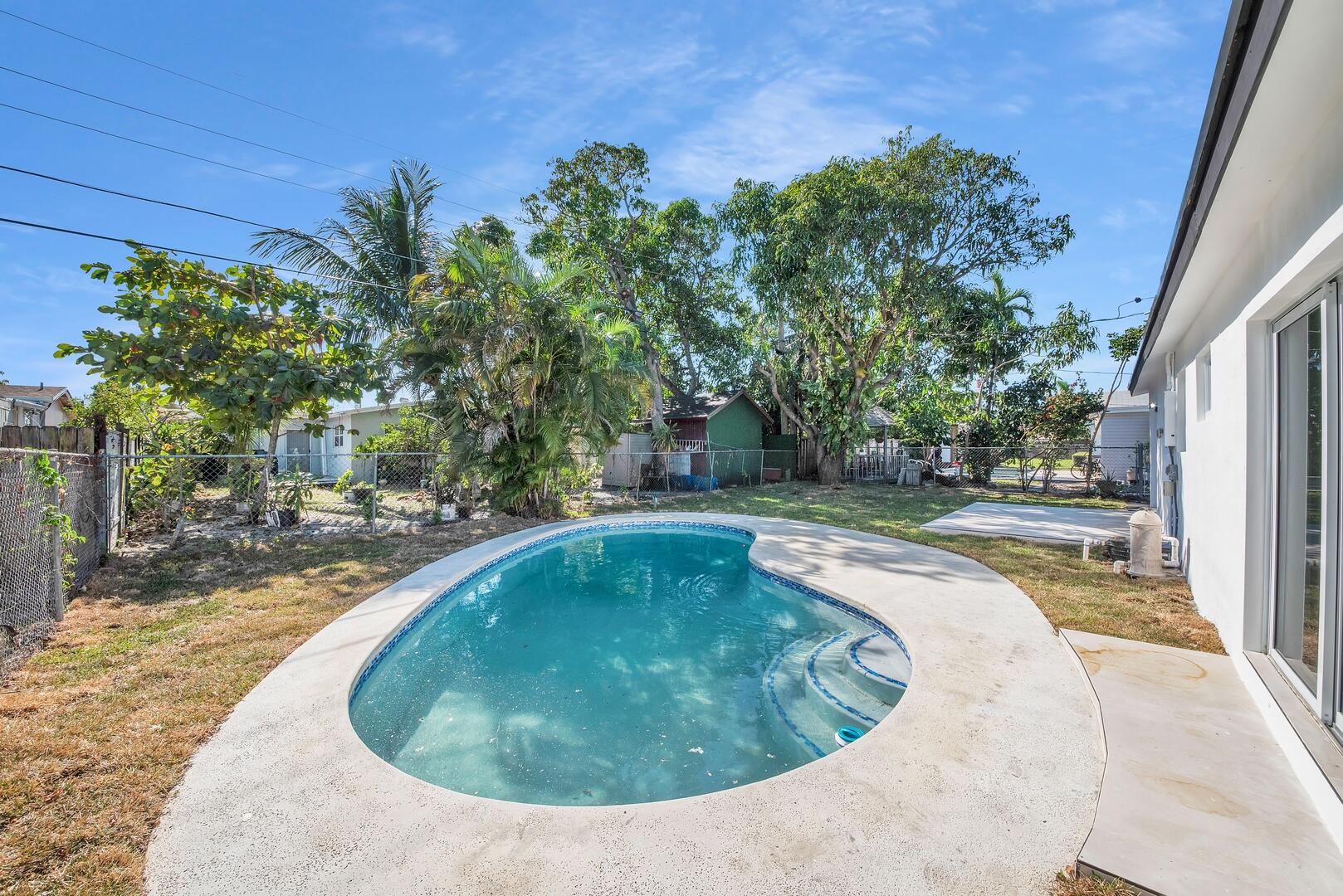 a view of a swimming pool with a yard