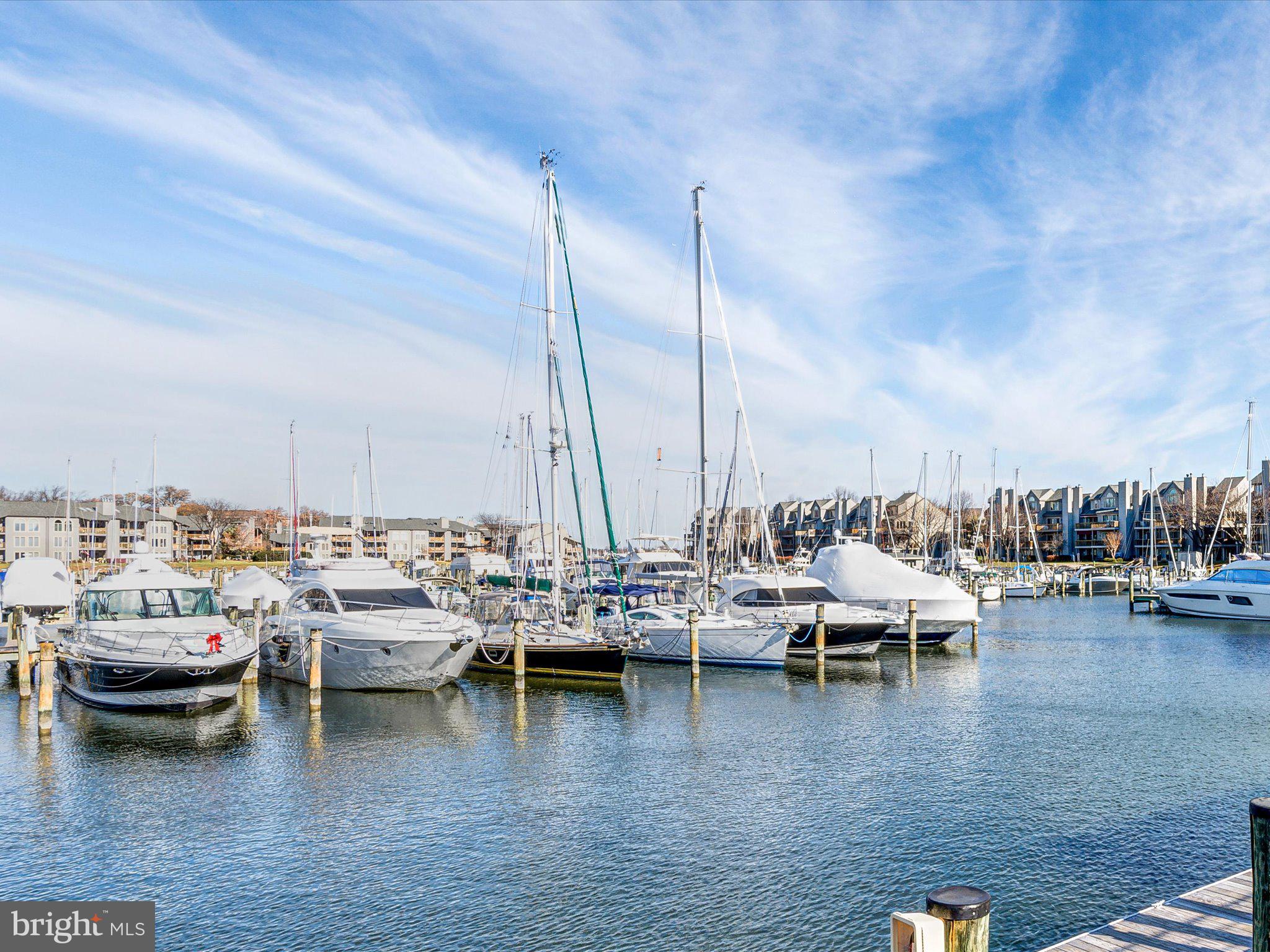 a view of a lake with boats next to a bridge