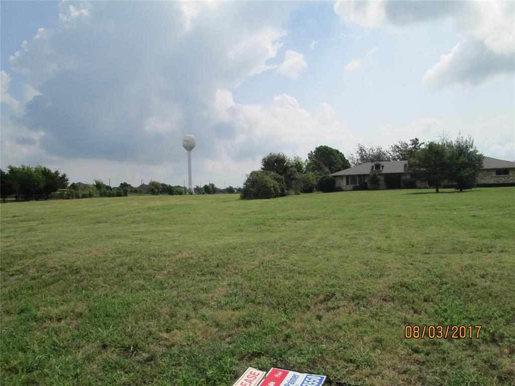 a view of a field with an trees in the background