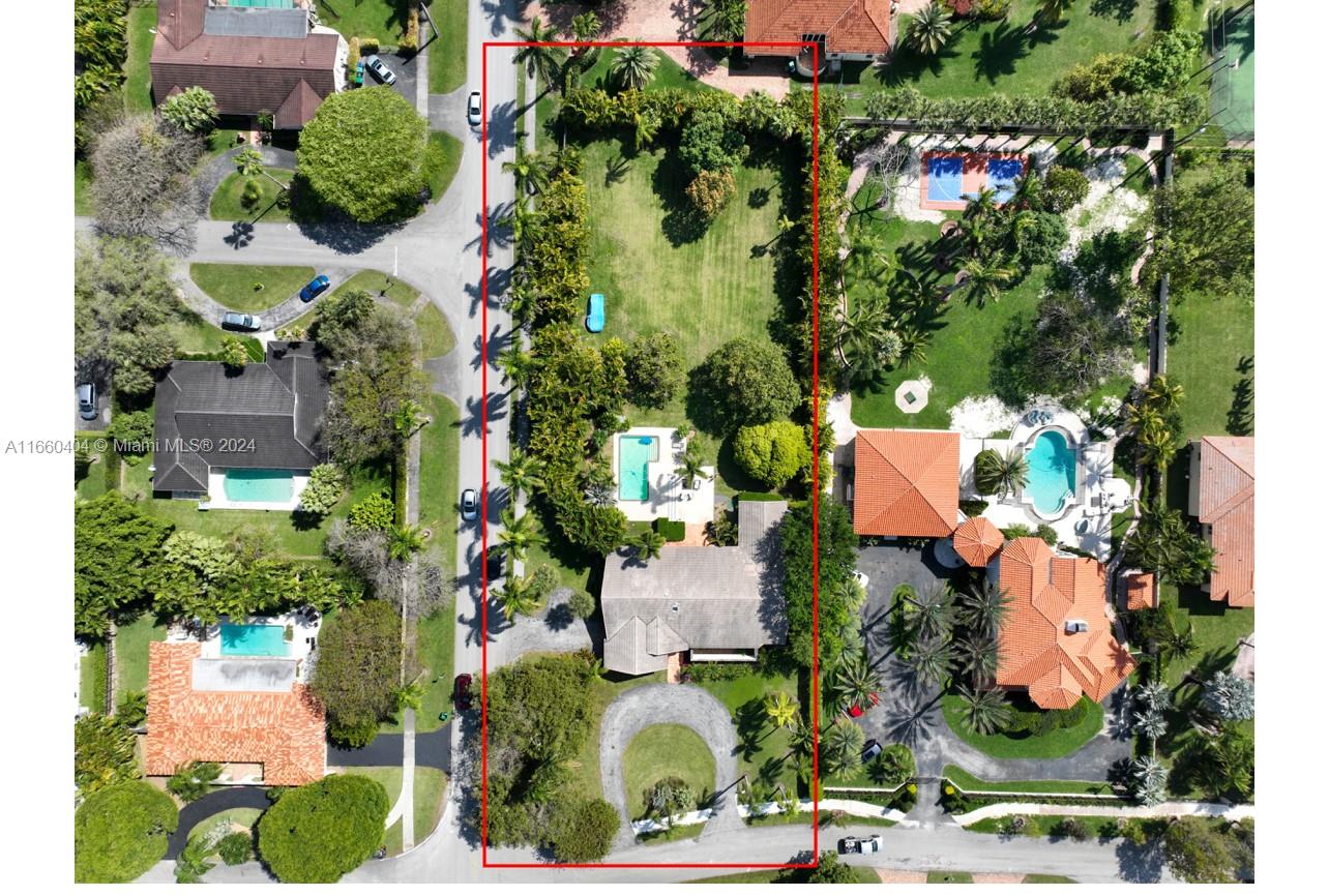 an aerial view of a house with a yard and potted plants