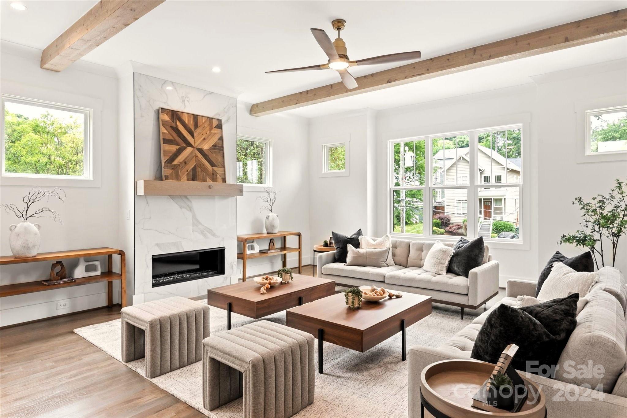 a living room with furniture or couch and a fireplace