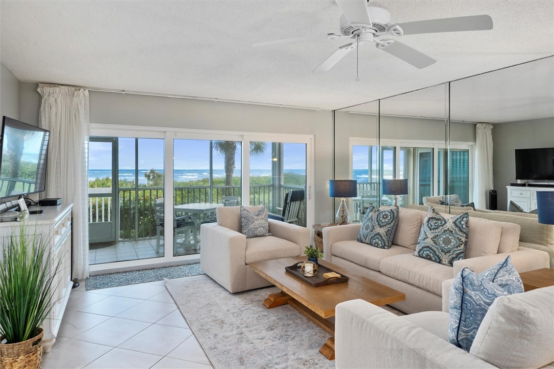 a living room with furniture floor to ceiling window and a flat screen tv