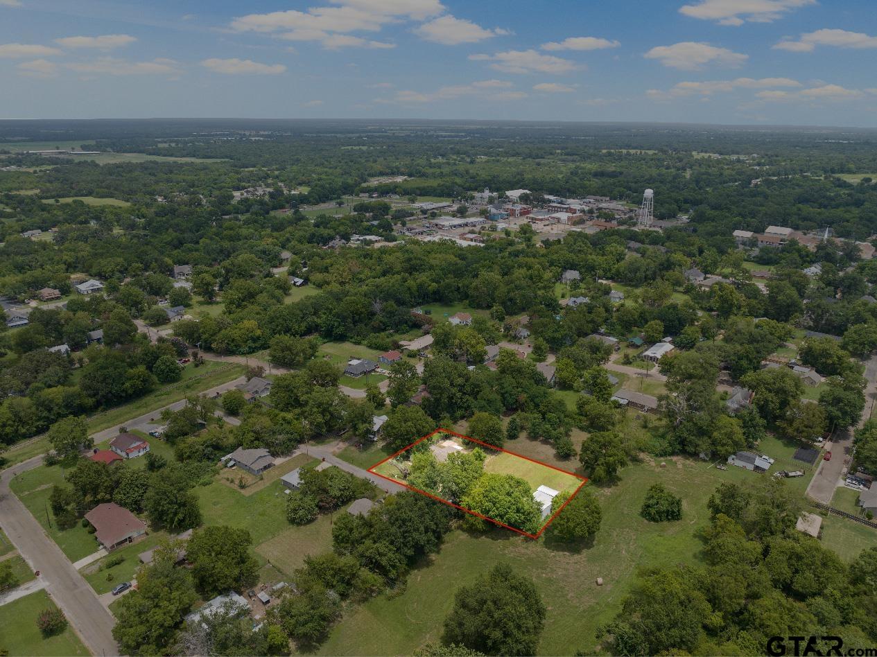 an aerial view of residential houses with outdoor space and trees