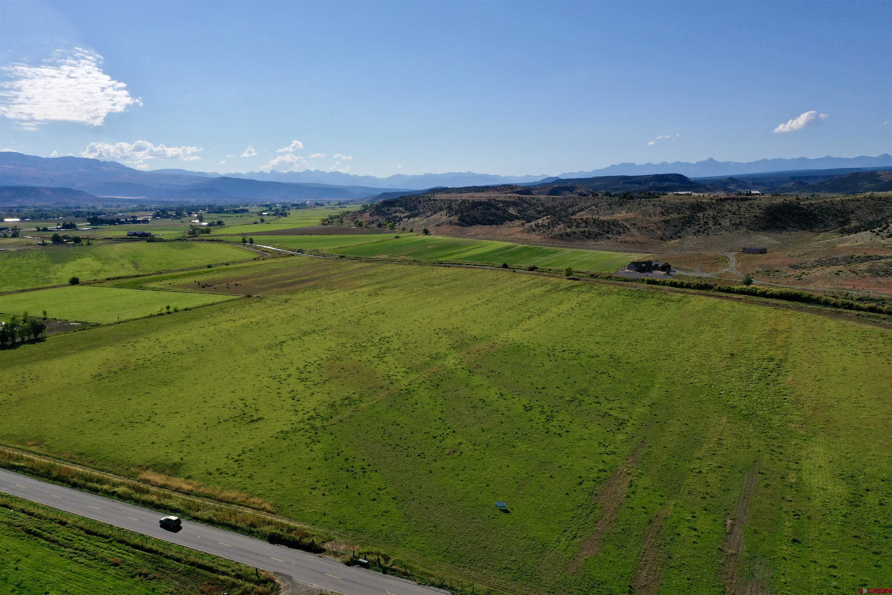 a view of a field with an ocean view