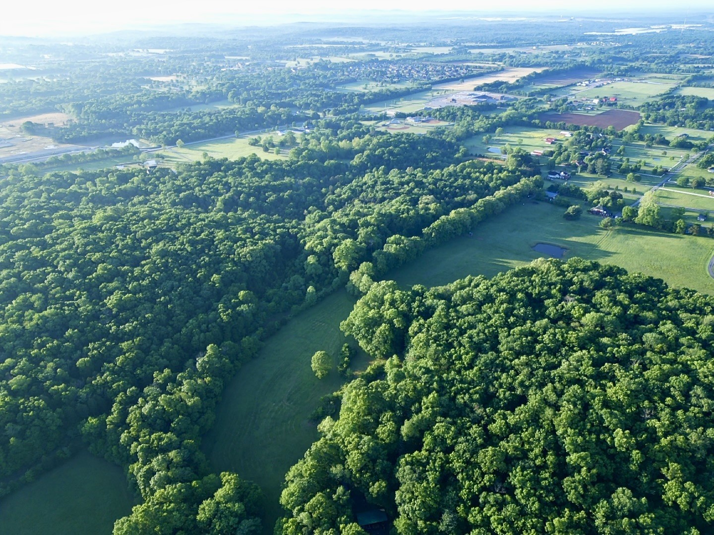 an aerial view of residential houses with outdoor space and trees