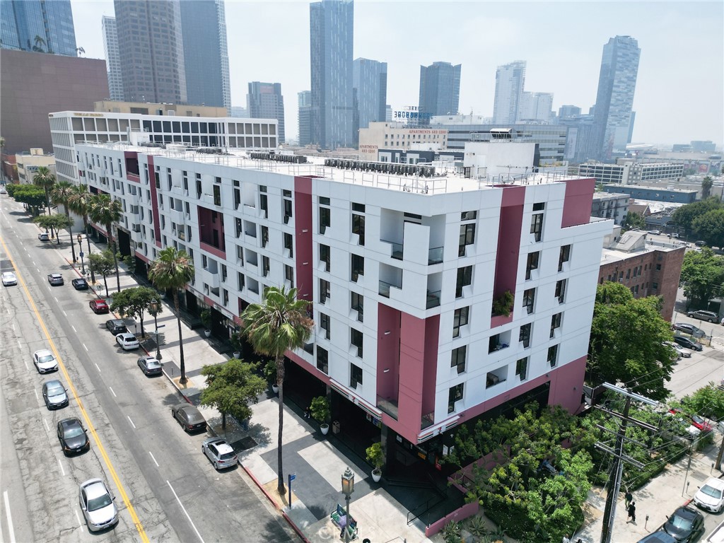 a large building with a city view