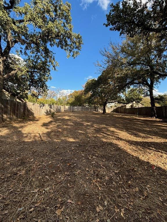 a view of dirt yard with a large tree