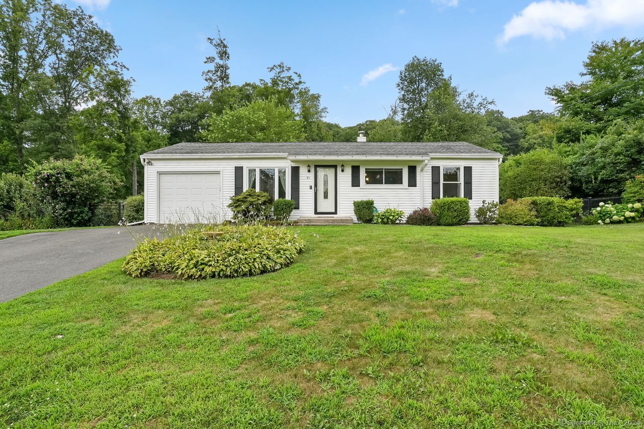 a view of a house with a big yard potted plants and large tree