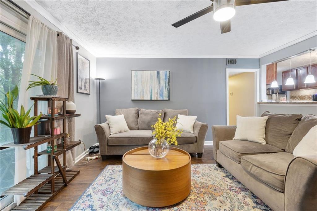 a living room with furniture and a potted plant