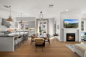 a living room with furniture a fireplace a flat screen tv and potted plant