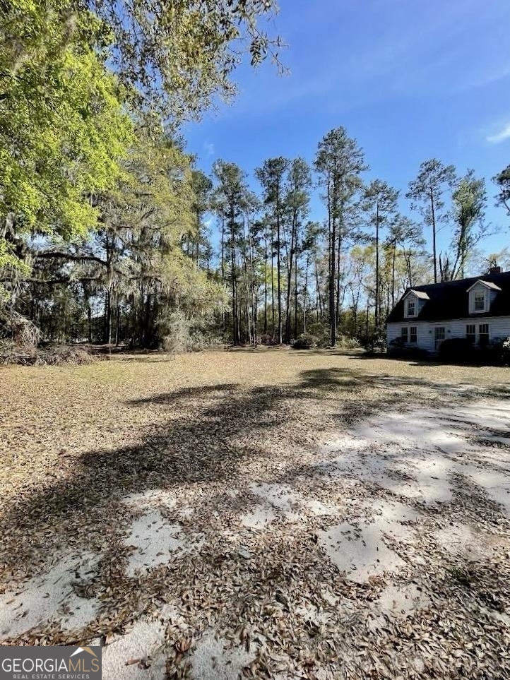 a view of dirt field with trees in the background