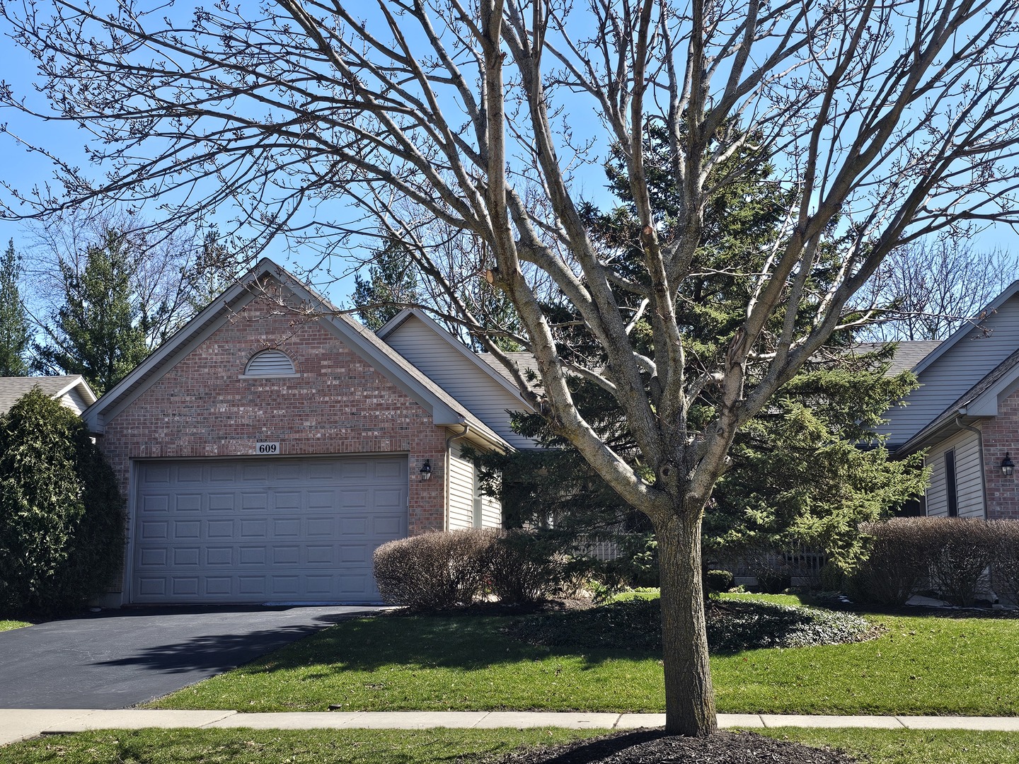 a front view of a house with a garden and trees