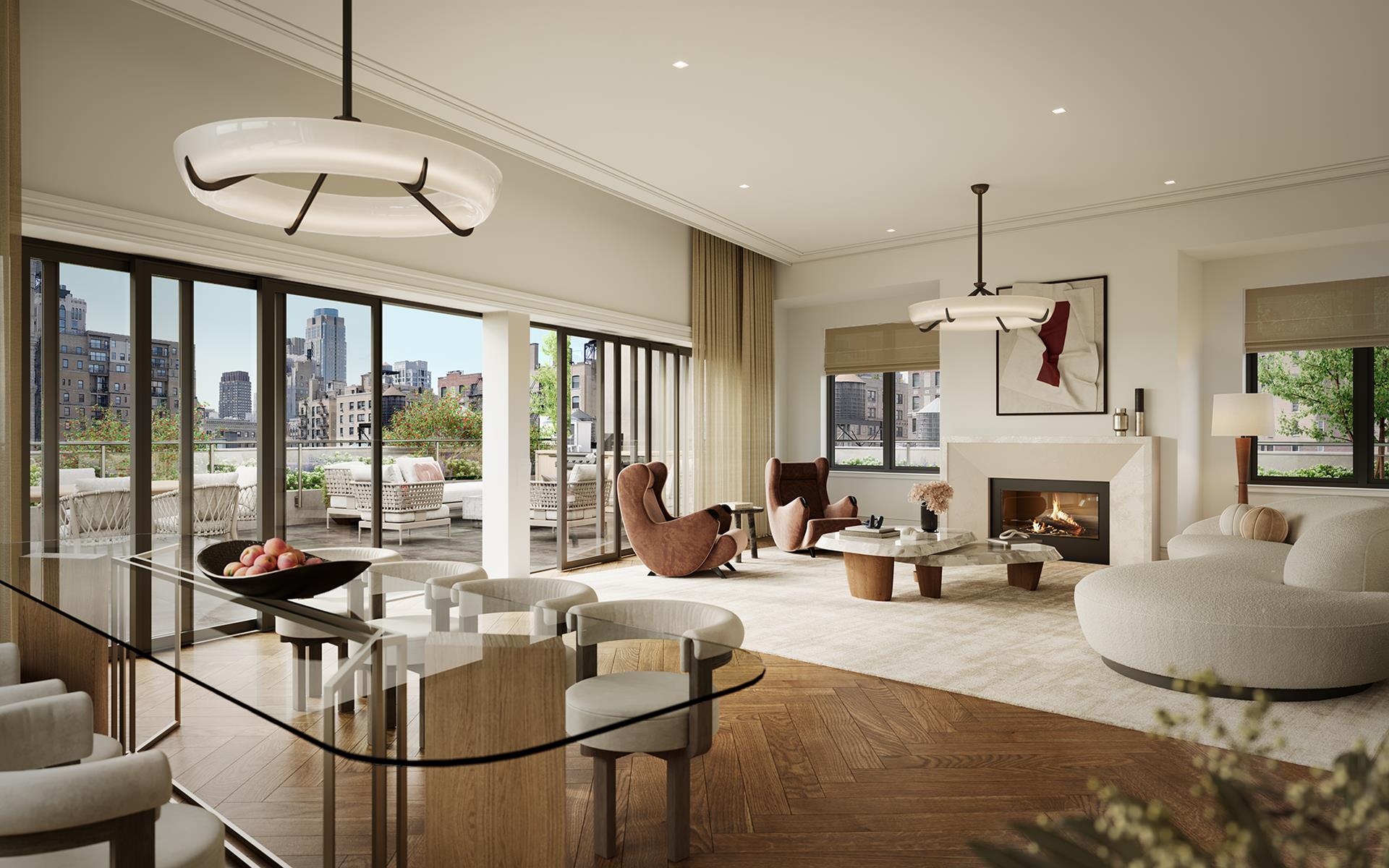 a living room with furniture a fireplace and a chandelier