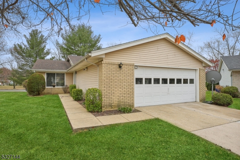 a view of a house with a yard plants and large tree