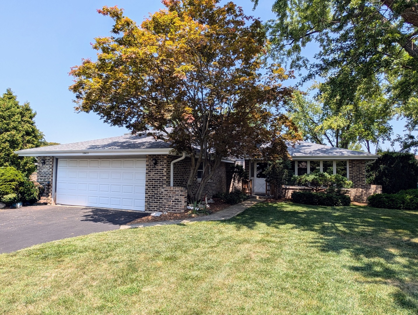 a view of a house with a yard and large tree