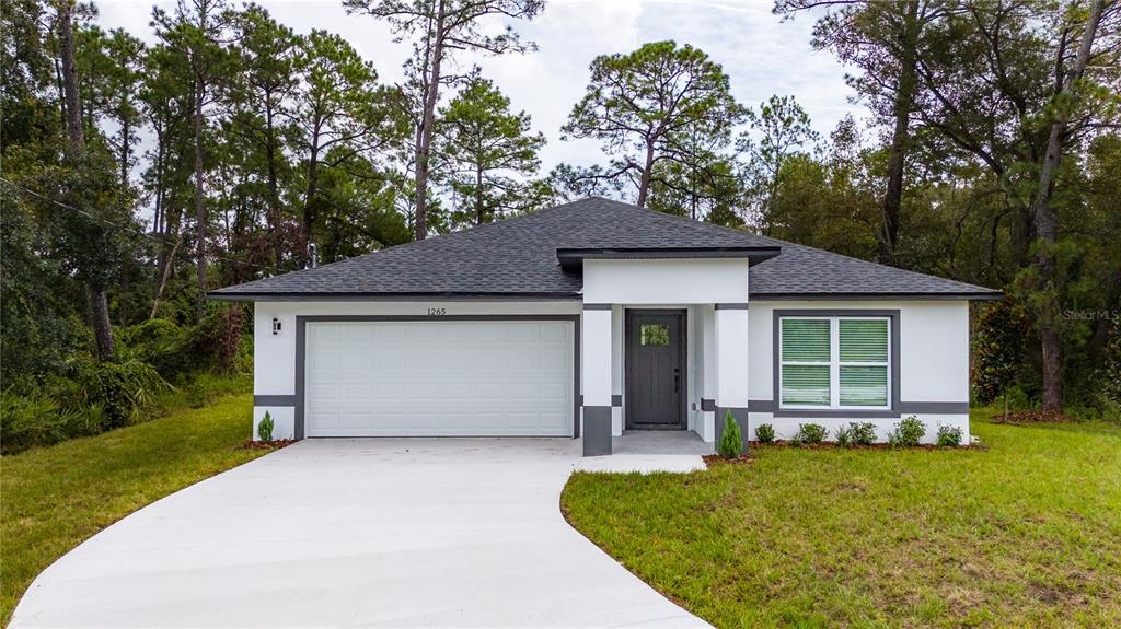 a front view of a house with a yard and garage