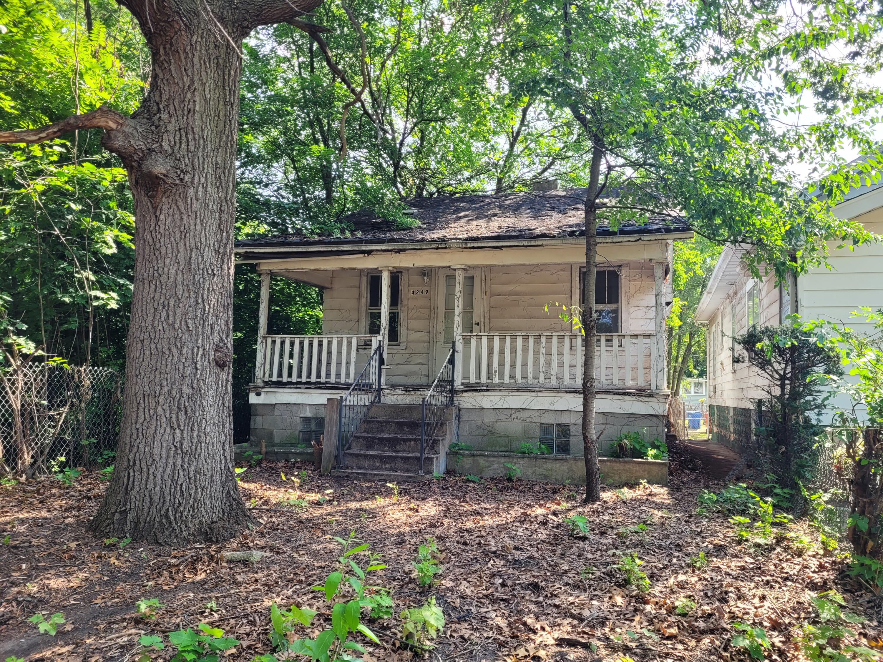 a view of a house with a yard and a large tree