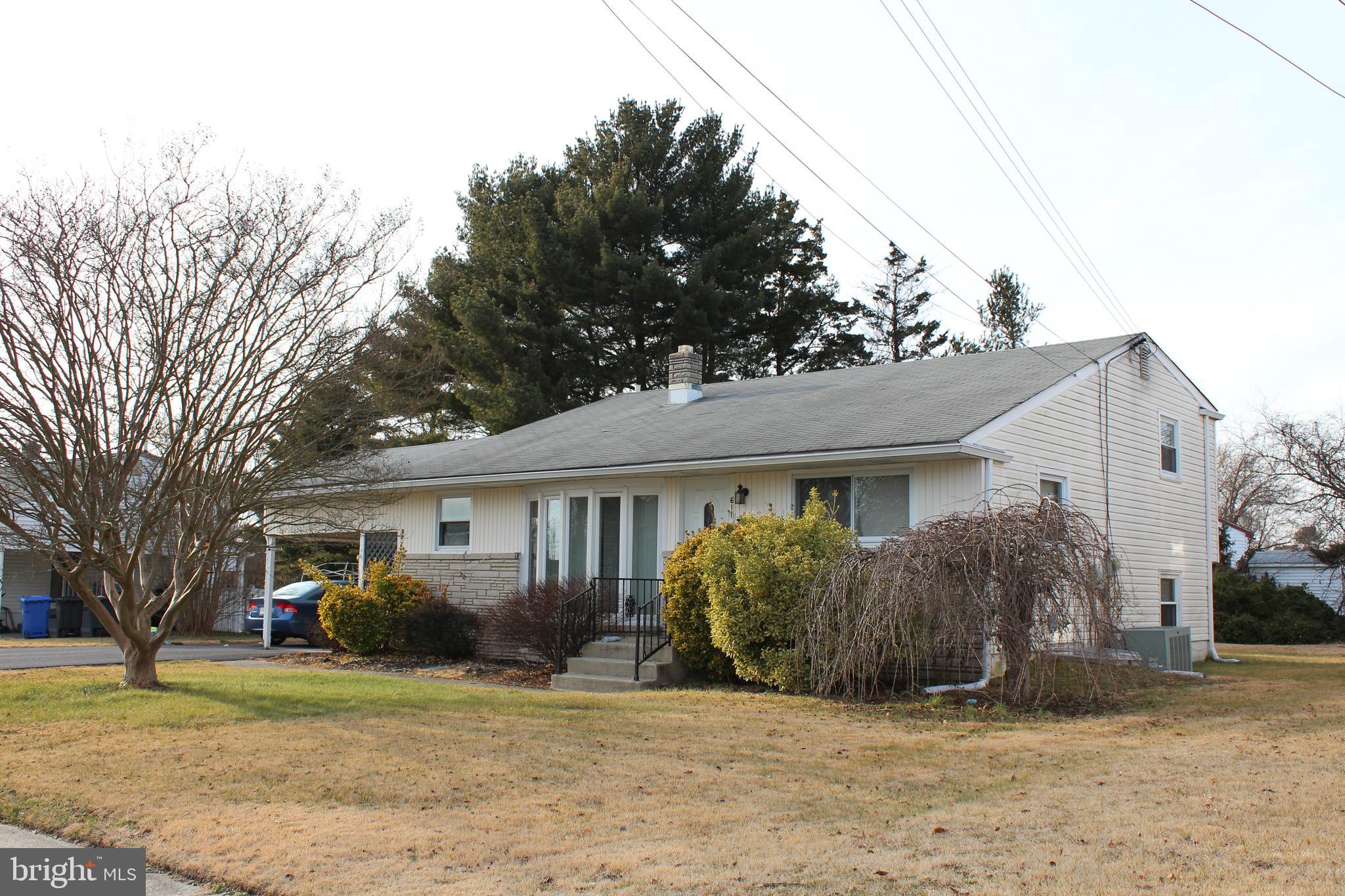 a view of a yard in front of a house with large tree