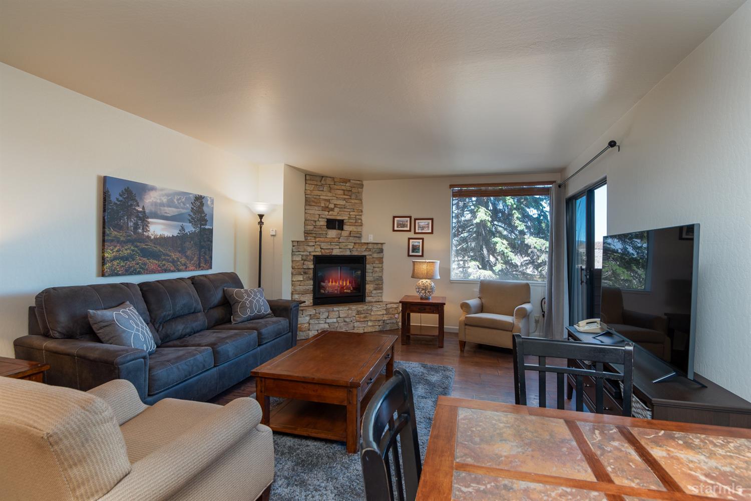 a living room with furniture a flat screen tv and a fireplace